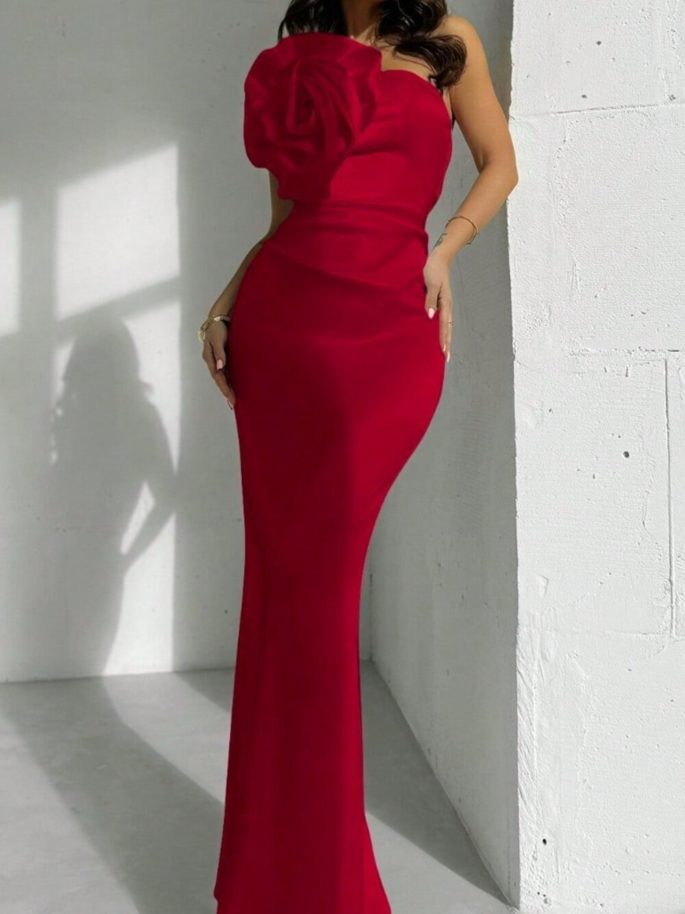 Burgundy Elegant Women's 3D Floral Satin Maxi Dress - Picture 3 of 7